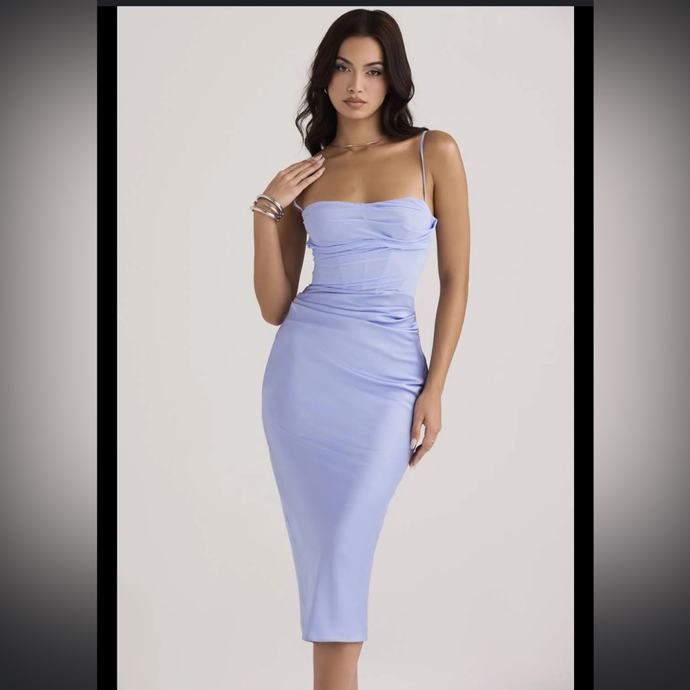 House of CB Teia dress blue sky draped corset midi dress